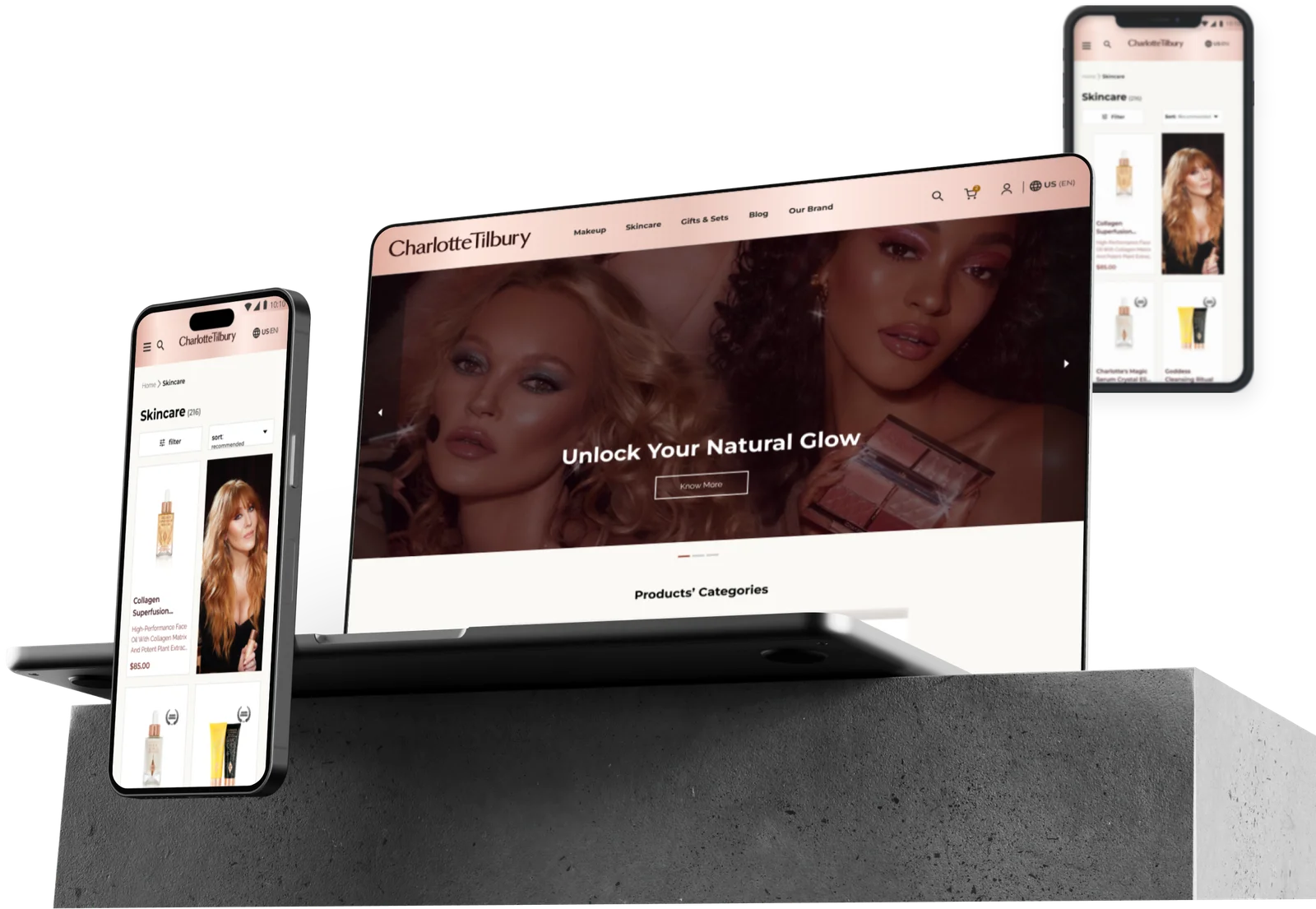 Charlotte Tilbury redesign — hero MacBook and iPhone mockups of the responsive site