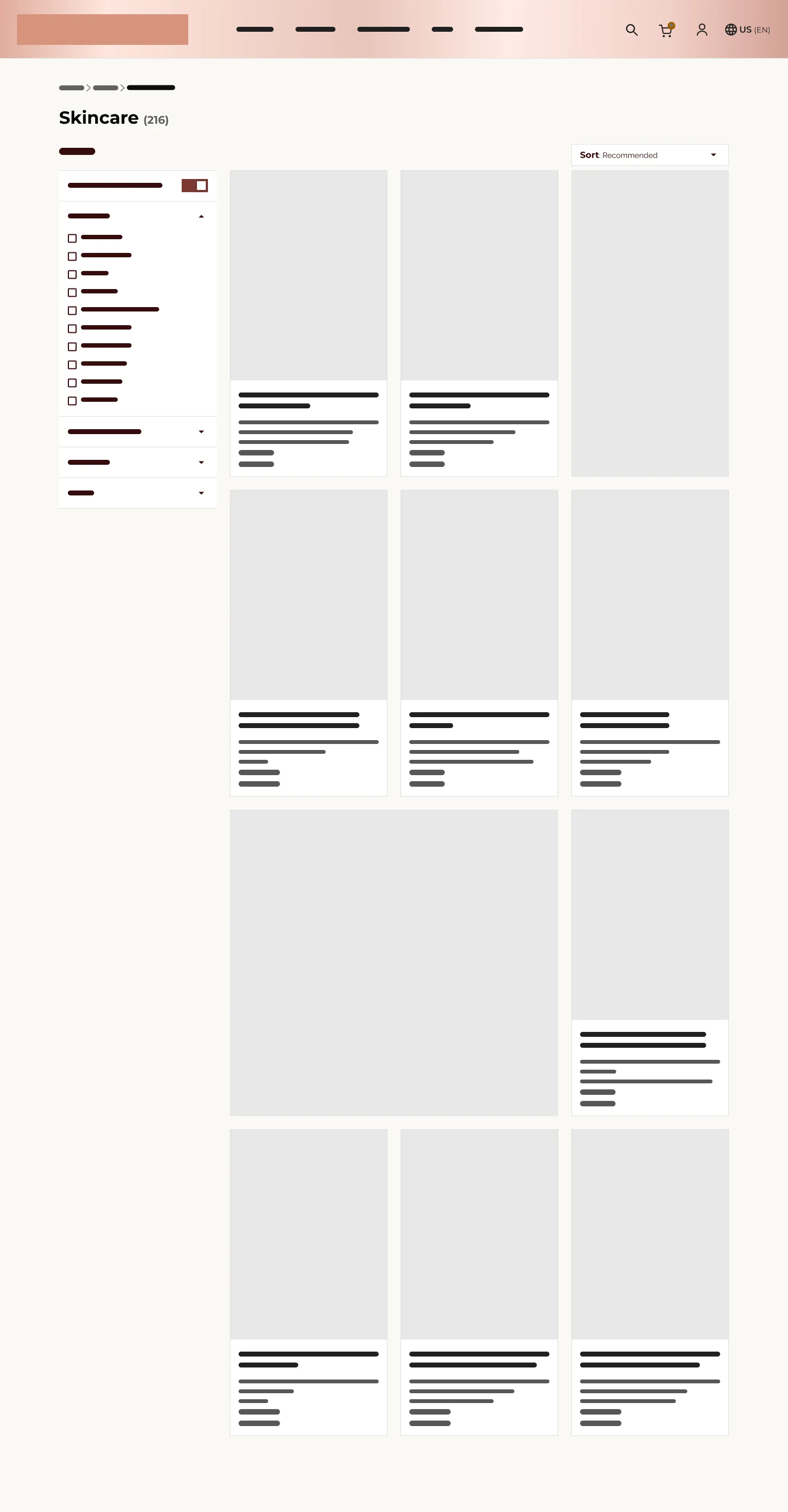 Mid-fidelity wireframe — skincare listing page with a filter sidebar and a clean product grid