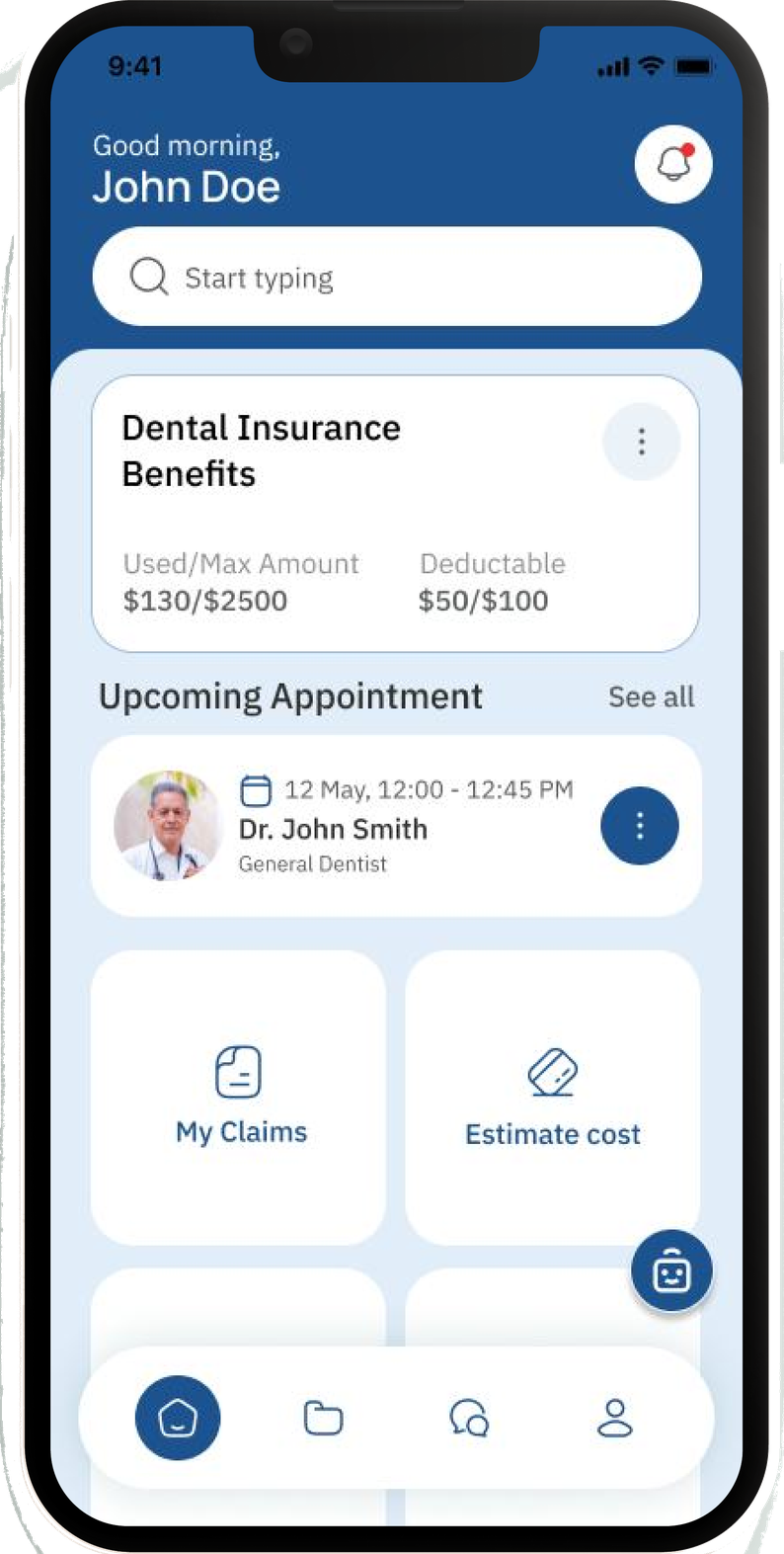 Cureon home dashboard on an iPhone — dental insurance benefits, upcoming appointment, and quick actions
