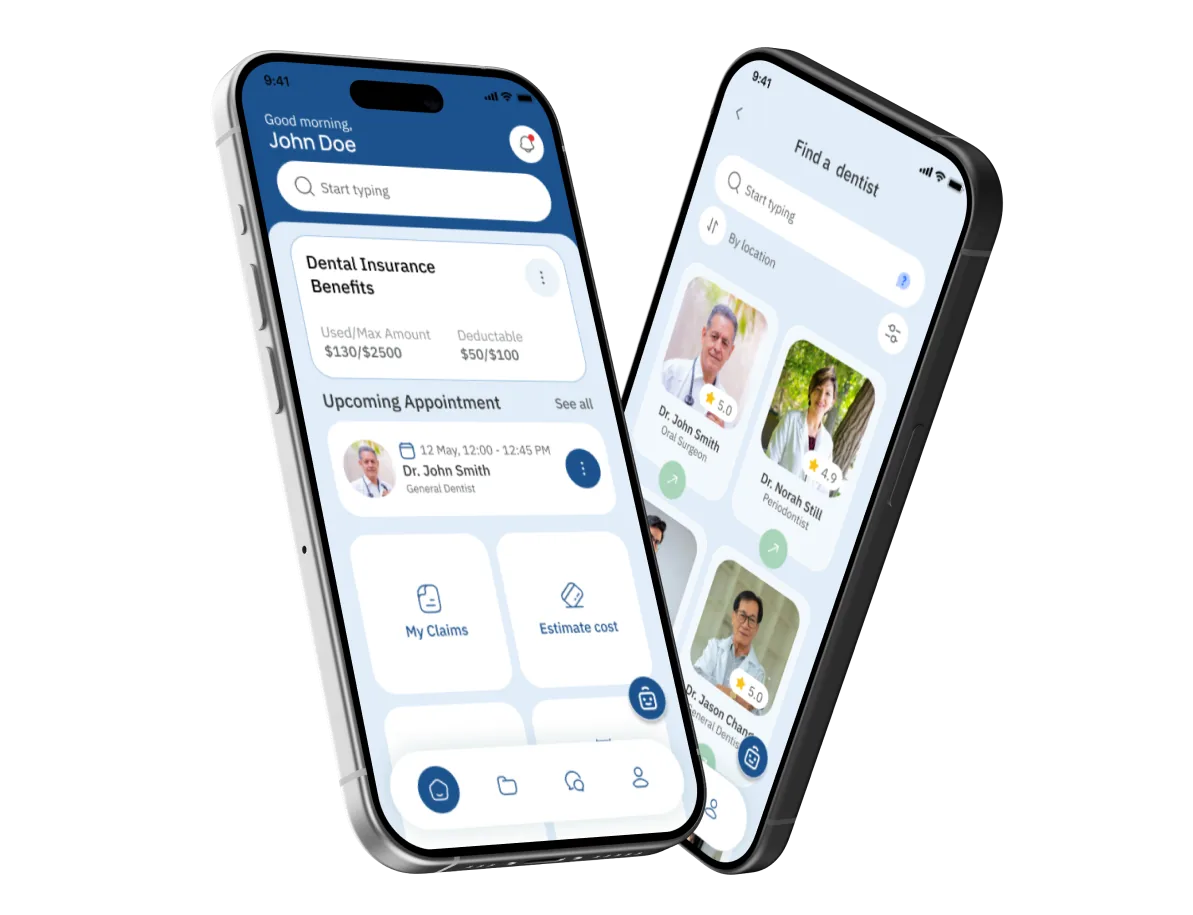 Cureon — dual-device hero mockup of the dental insurance dashboard and dentist finder