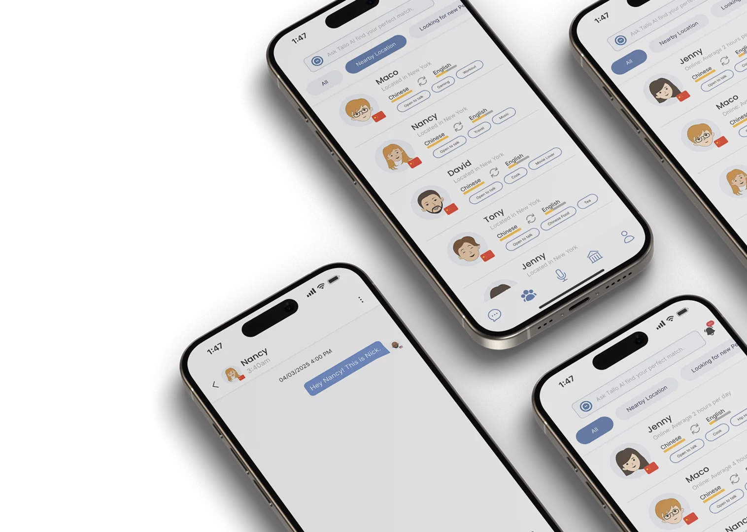 Tallo — hero mockup: four phones with matching, chat, and voice-room screens on a dark ground