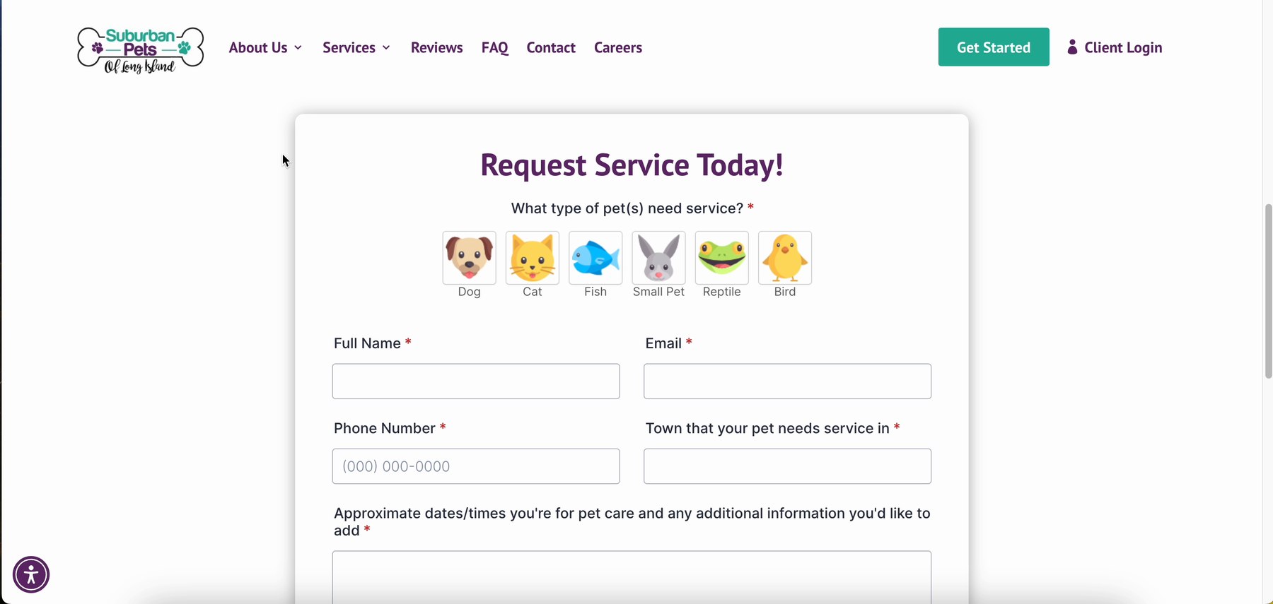 The existing inquiry form — a long request-service form asking for pet type, contact details, and free-text dates