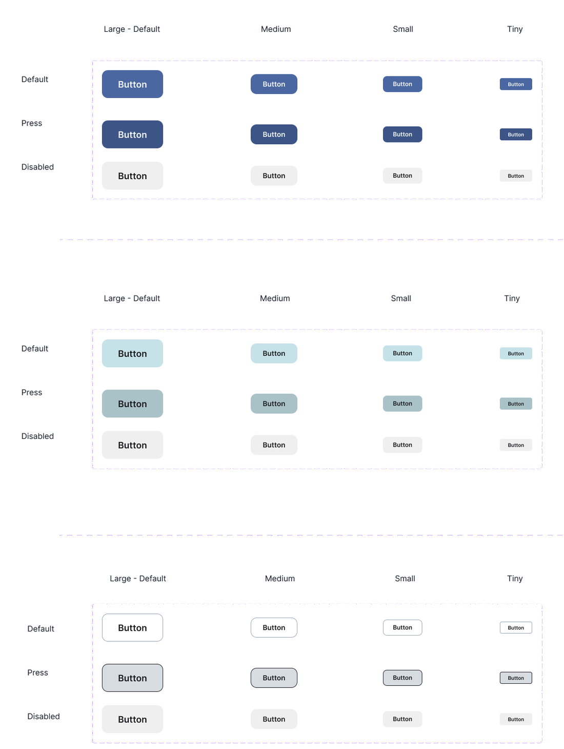 Button component — primary, secondary and tertiary variants in four sizes and three states