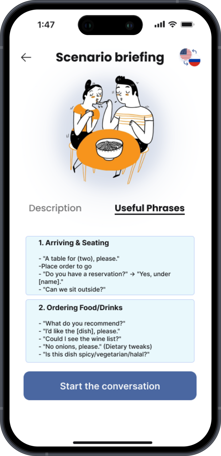 Tallo scenario briefing with useful phrases