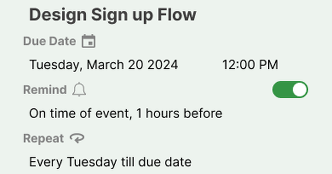 Close-up — due date, reminder toggle with smart defaults, and repeat rule