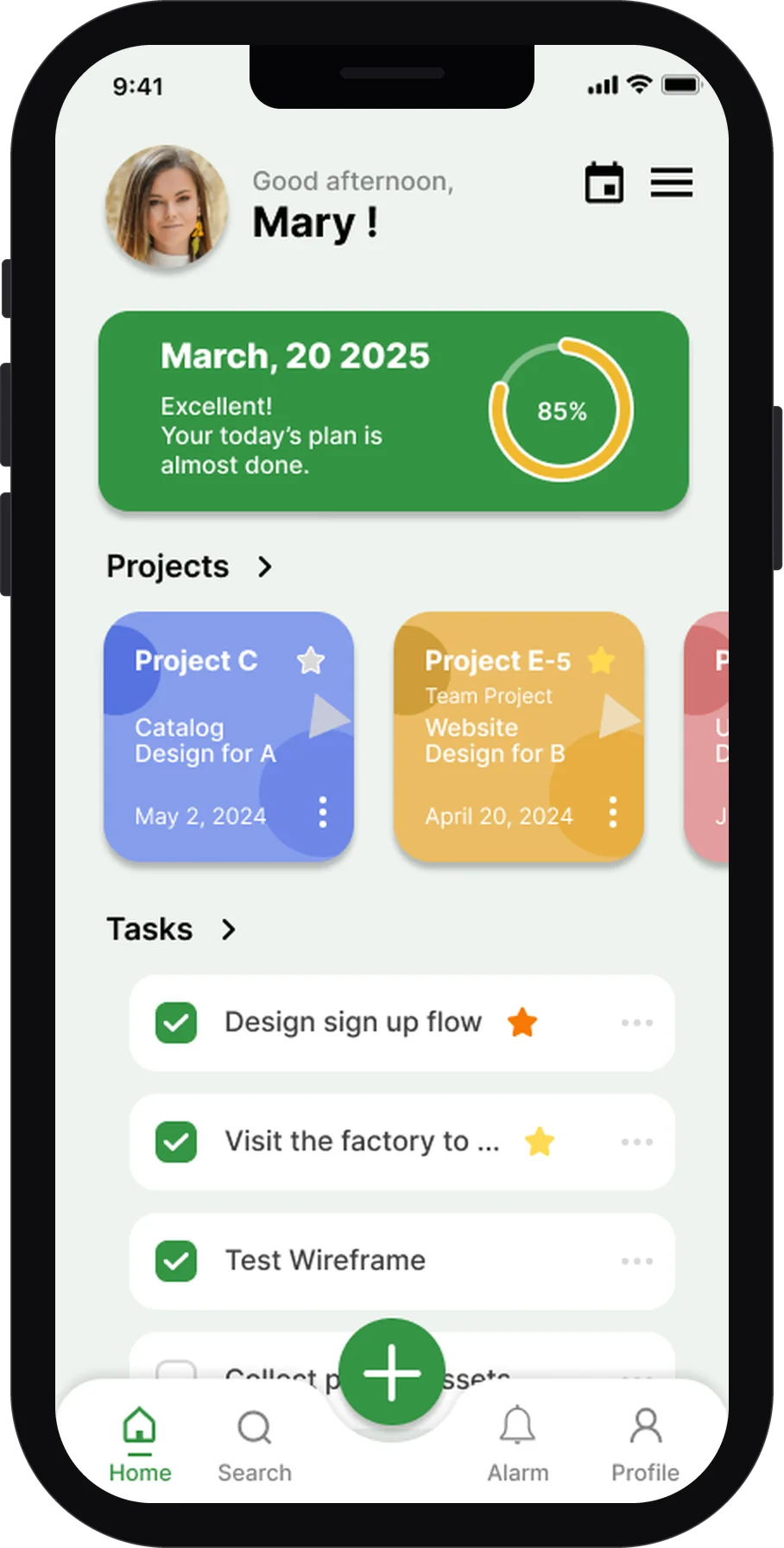 TTASK dashboard on an iPhone — daily progress, projects and today's tasks