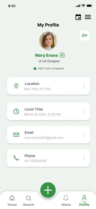Profile — completed task history and personal details