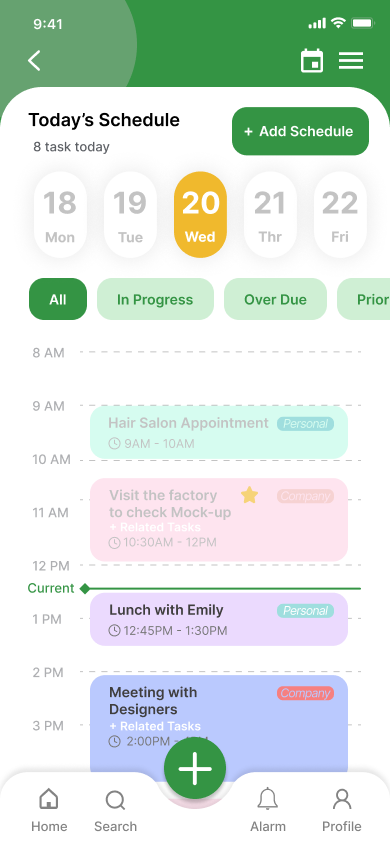 Today's Schedule — timeline of the day with colored time blocks
