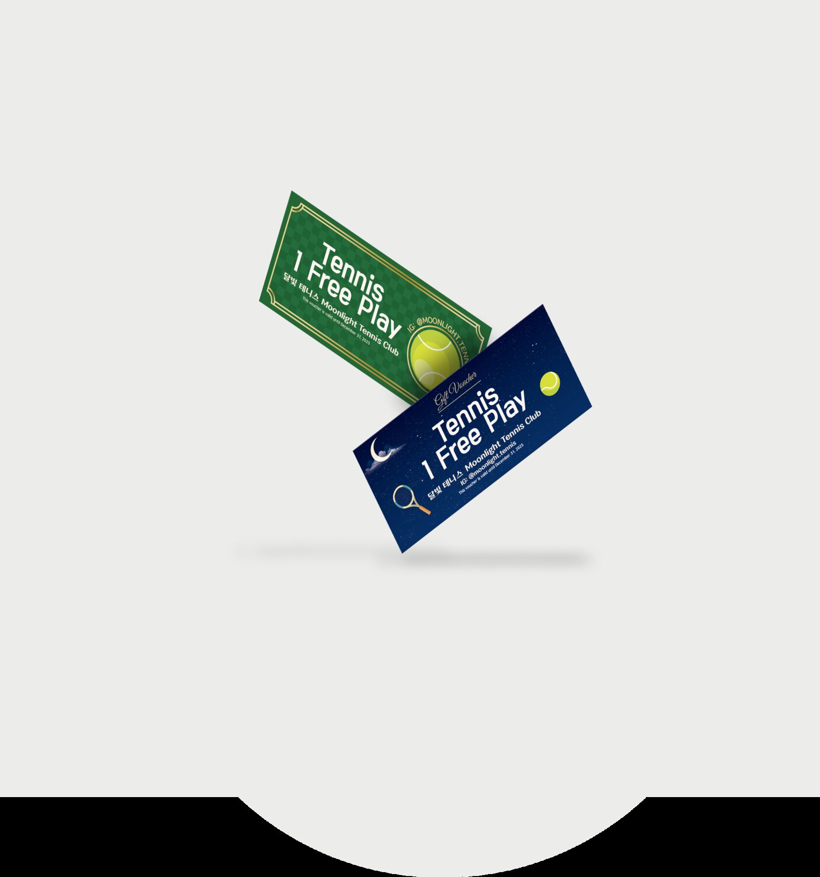 Gift voucher pair for a tennis club — green and navy editions mocked up together